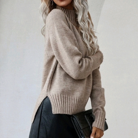 New Ribbed High Low Mock Neck Knit Sweater Top Tan Khaki Light Brown - Picture 4 of 9